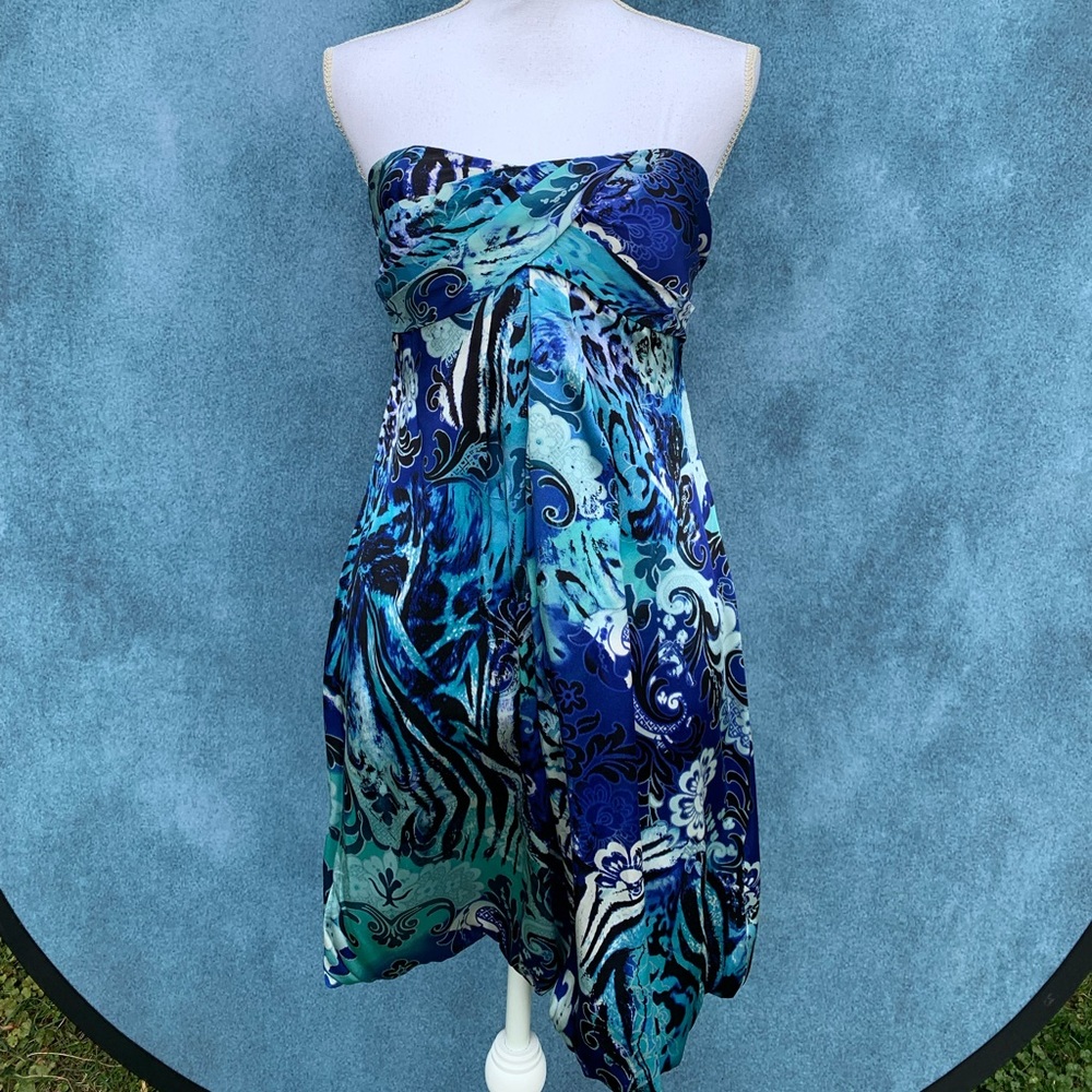 Cache Blue abstract print  100% silk dress size 4 --Y2K bubble style dress
